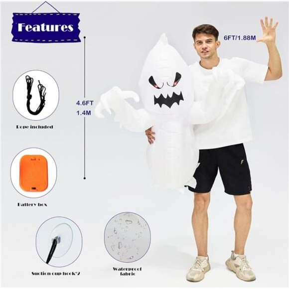 4.6 FT Halloween Inflatable Ghost with Build-in LEDs, Blow Up Flying Ghost - Picture 3 of 7